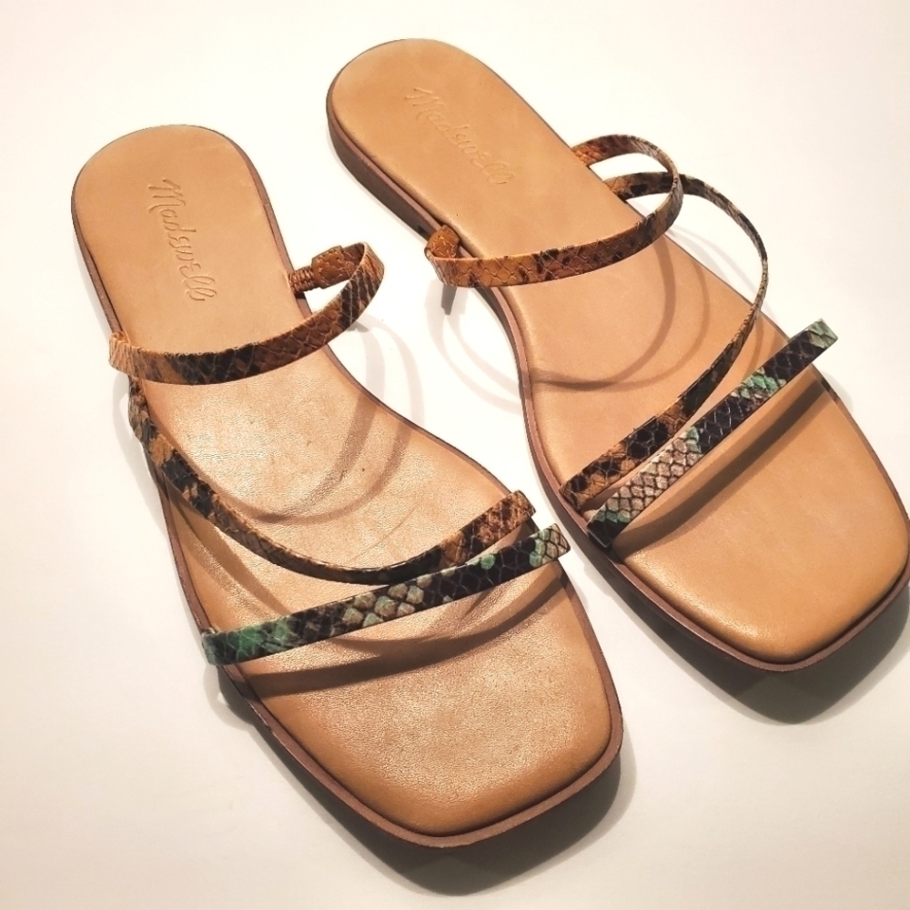 Madewell Lyra Leather Snakeskin Print Square Toe Slide Sandals